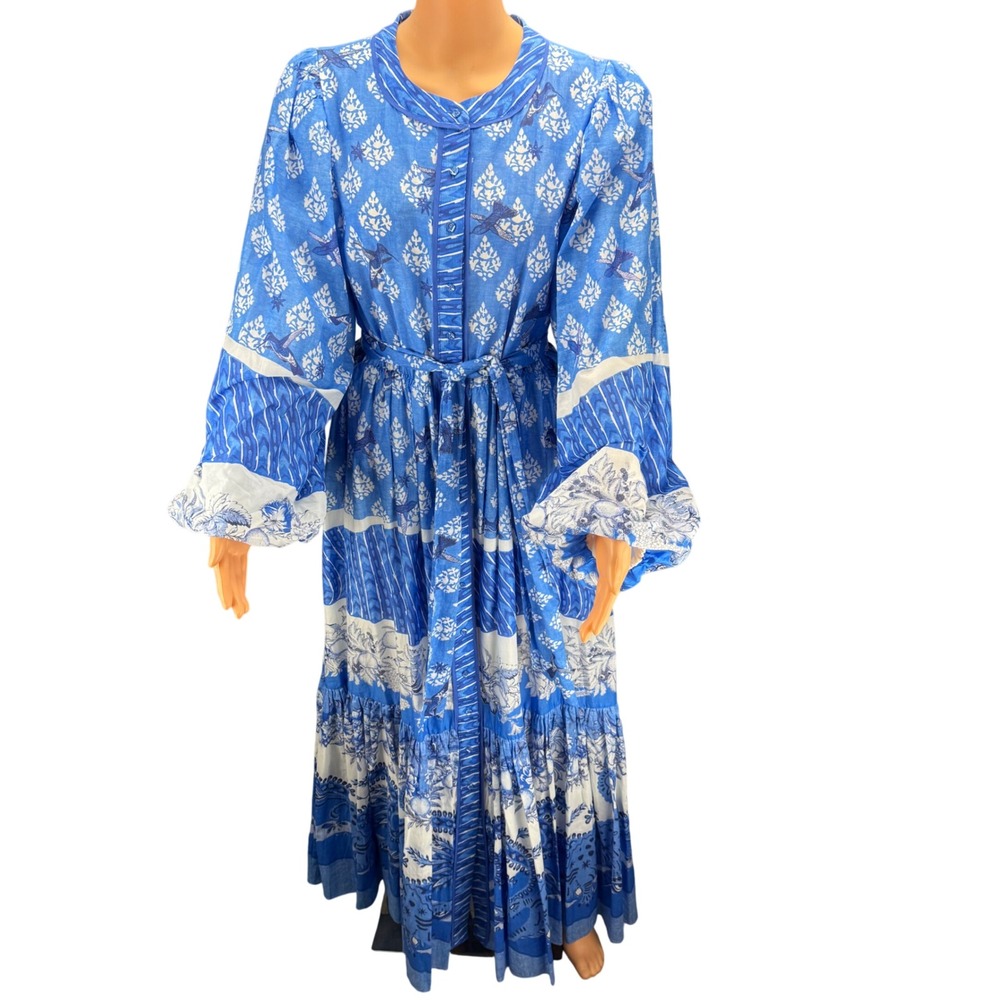 A Loves A Blue White Bird Floral Cotton Maxi Dress Long Sleeve Belted L Cottage